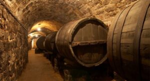 Interior de la bodega Remigio Salas con barricas de vino