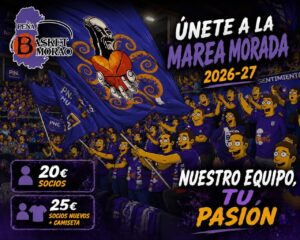 Cartel de la campaña de abonados de la Peña Basket Morao con aficionados animando