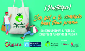 Cartel de la campaña Alimentos de Palencia con ilustraciones de personas comprando.