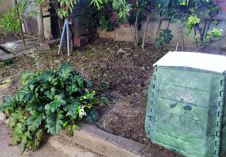 Compostero doméstico en un jardín con hojas y plantas