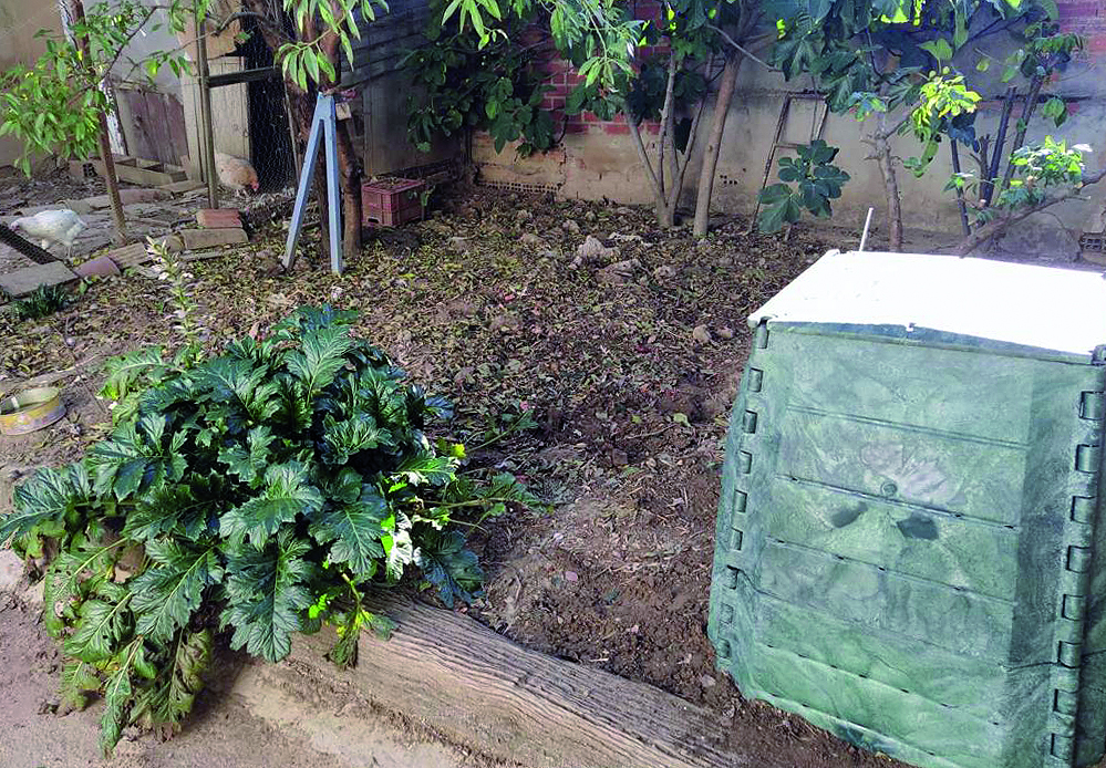 Compostero doméstico en un jardín con hojas y plantas