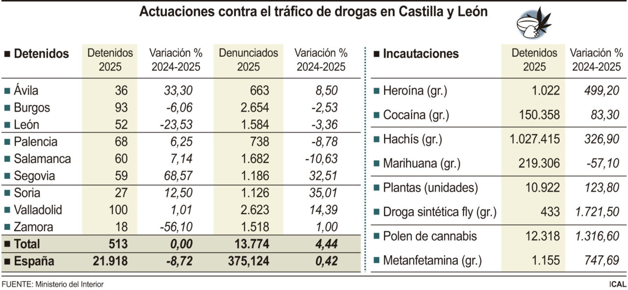 Tabla de datos sobre el tráfico de drogas en Castilla y León