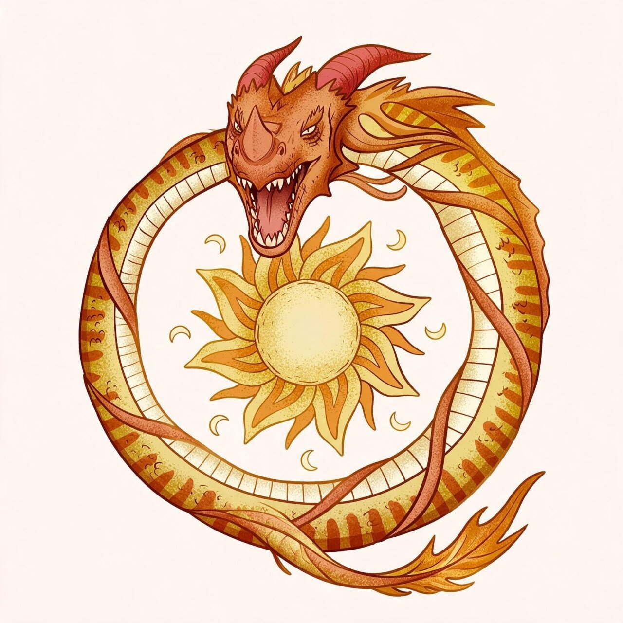 Ilustración de un dragón rodeando un sol brillante