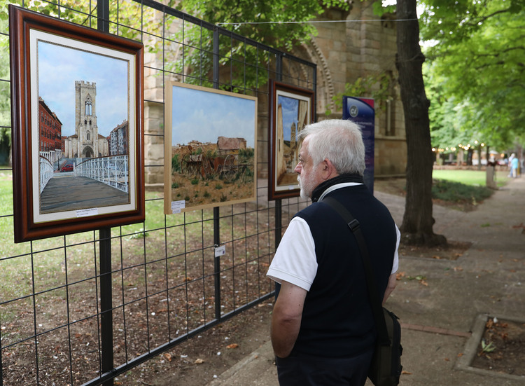 Hombre observando pinturas en una galería al aire libre en Palencia