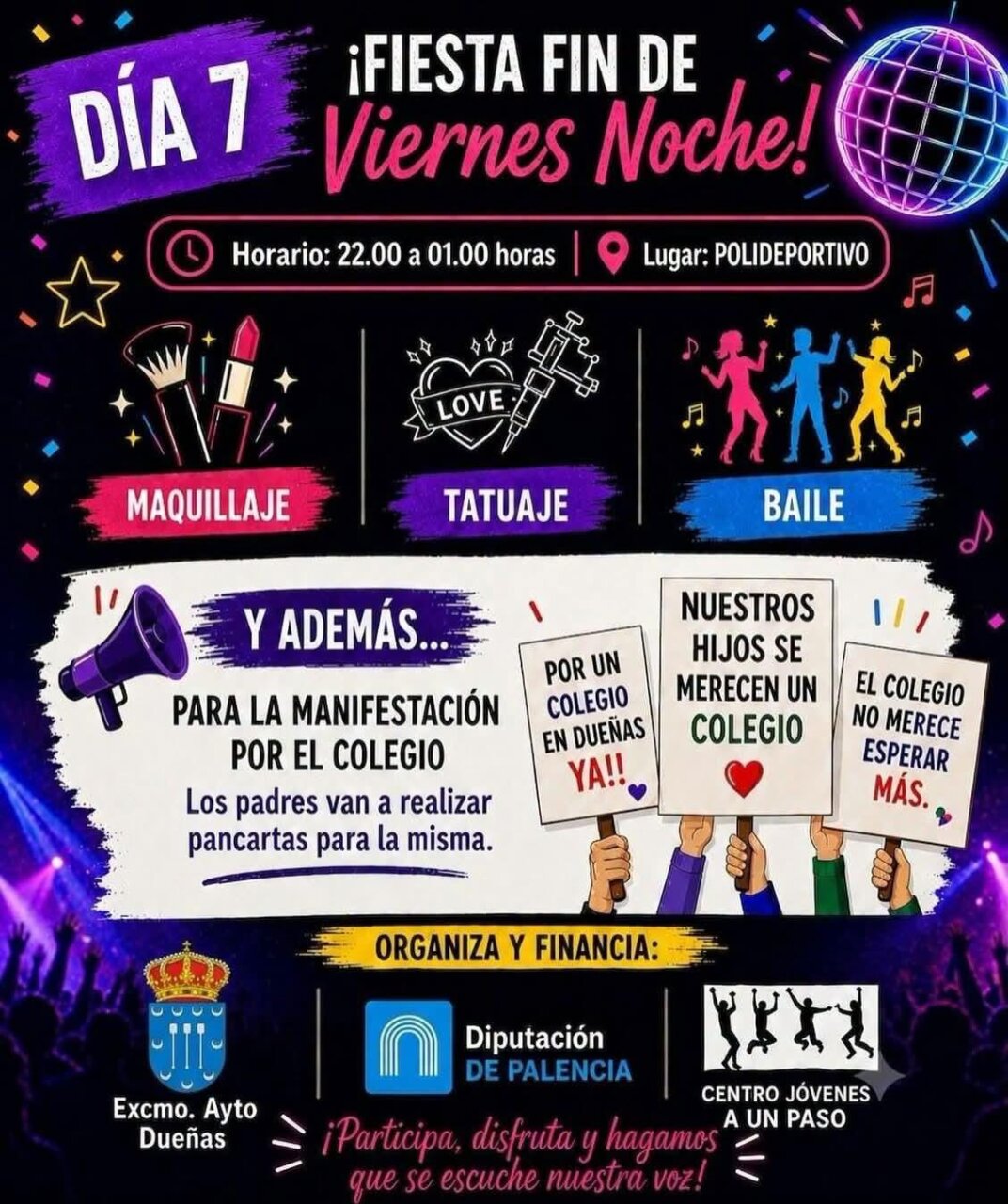 Cartel de fiesta juvenil con actividades de maquillaje, tatuajes y baile.