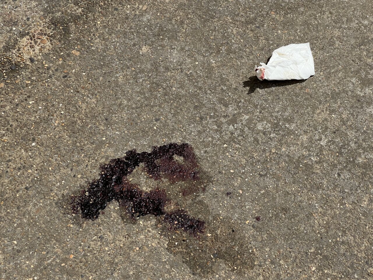 Manchas de sangre en la calle donde se encontraron dos cadáveres.
