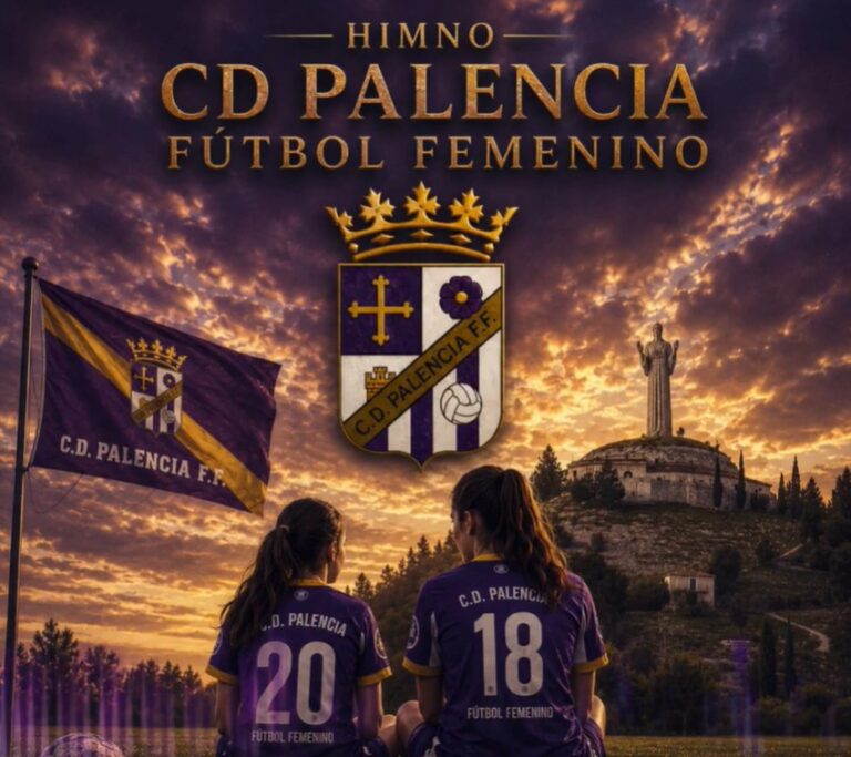 Jugadoras del CD Palencia Fútbol Femenino con el himno y el paisaje de fondo