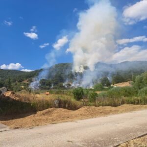 Humo de un incendio en una zona montañosa con cielo azul
