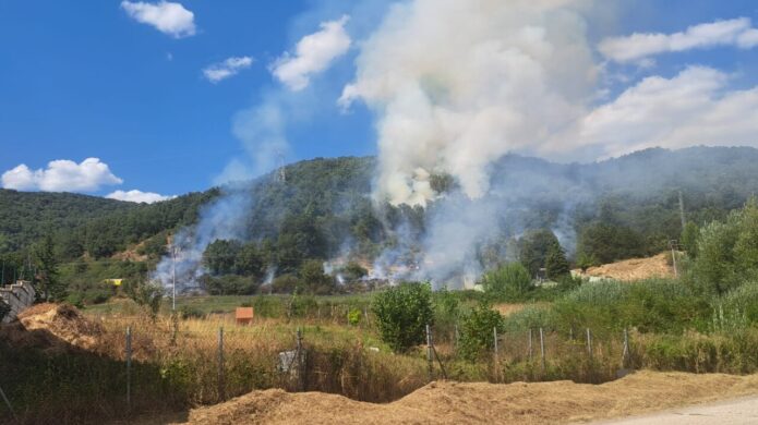 Humo de un incendio en una zona montañosa con cielo azul