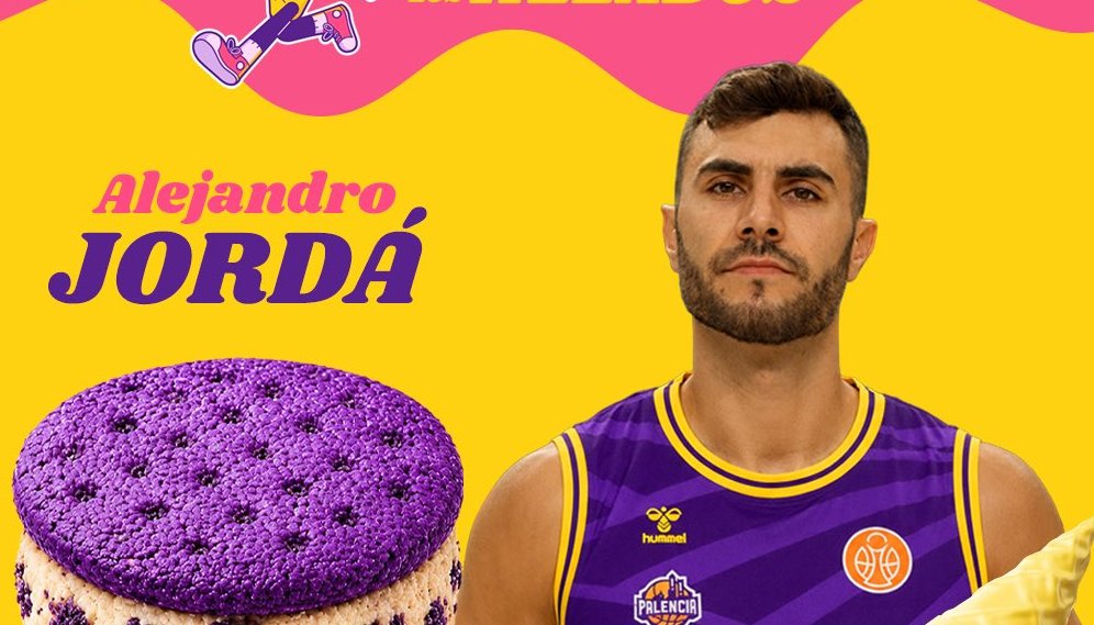 Alejandro Jordá, escolta del Palencia Baloncesto, con un fondo colorido y helados.