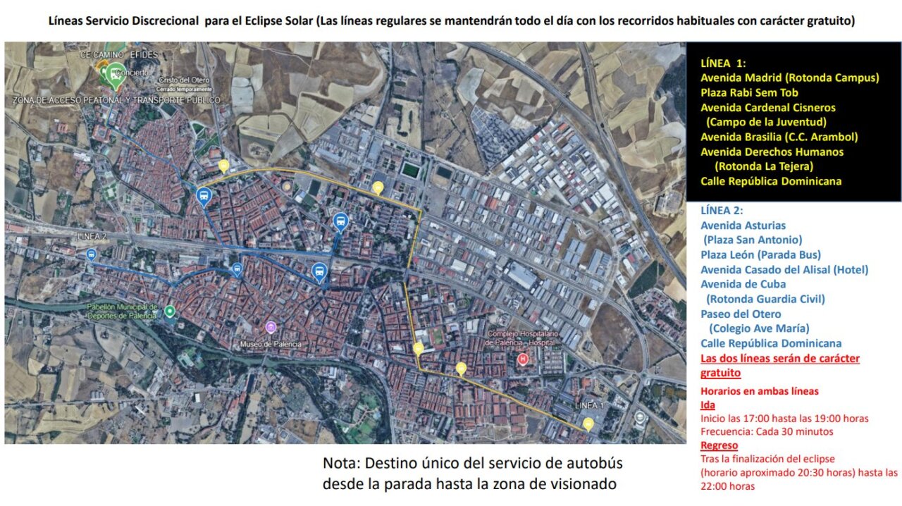 Mapa de líneas de autobús para el eclipse solar en Palencia