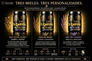Tres variedades de miel El Camino en frascos con descripciones