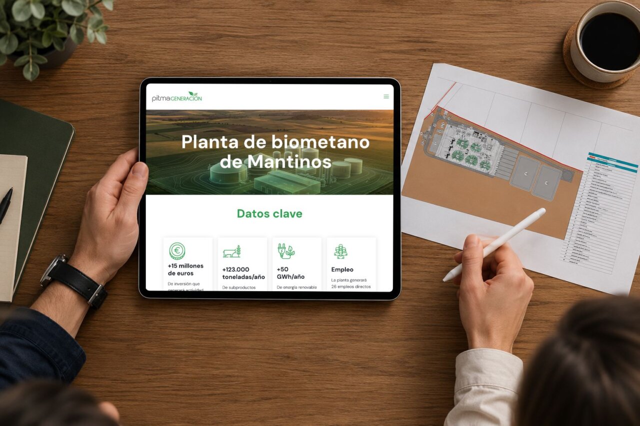 Persona revisando información sobre la planta de biometano de Mantinos en una tablet