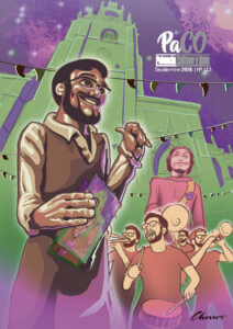 Ilustración de la portada de PaCO Magazine con personajes y música