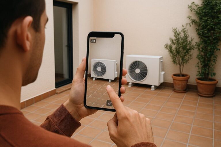 Persona usando un teléfono móvil para visualizar un aire acondicionado en 3D