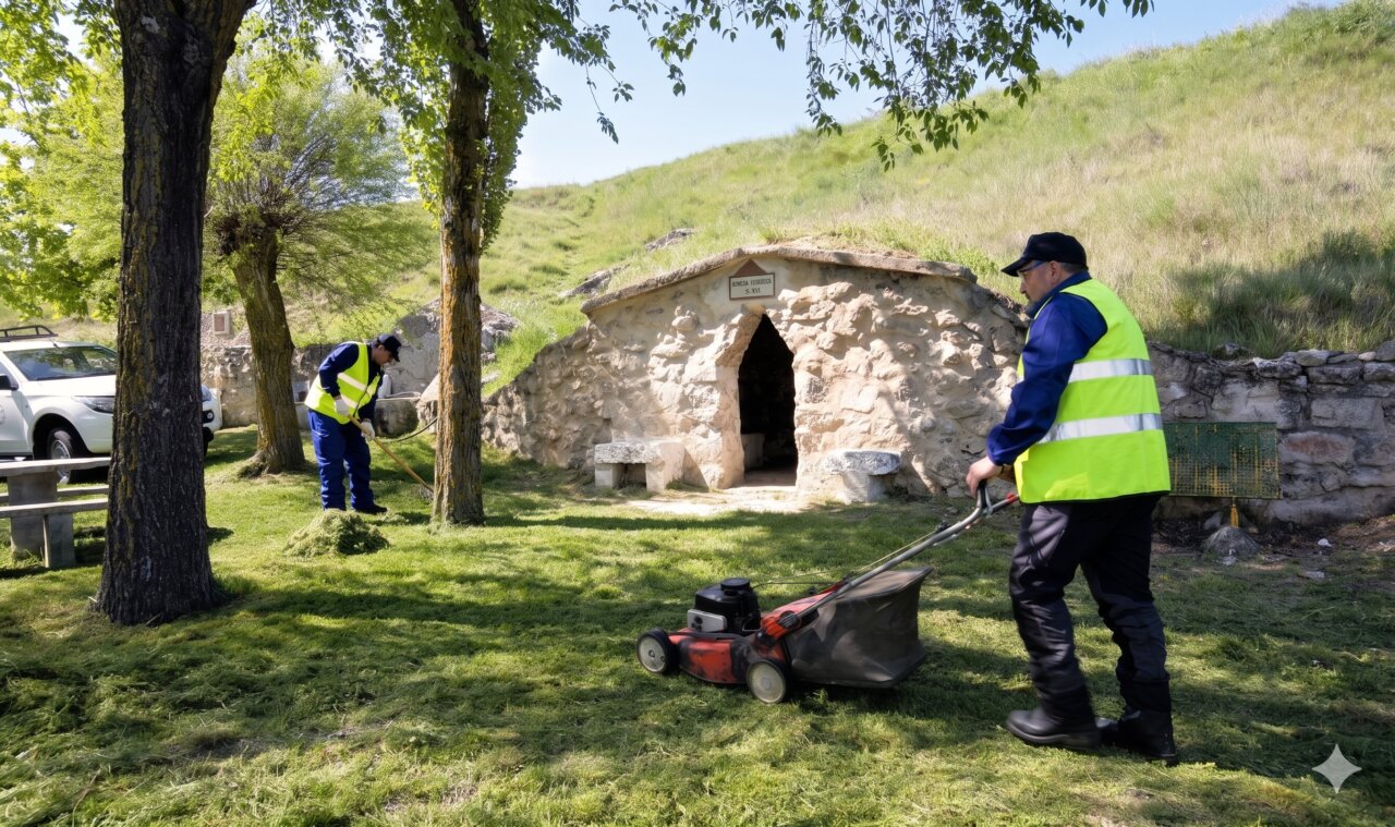Trabajadores municipales realizando labores de jardinería con maquinaria en un parque