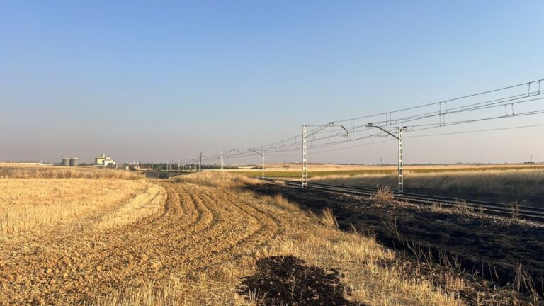 Tren de mercancías en un paisaje afectado por un incendio