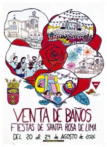 Cartel de las fiestas de Santa Rosa de Lima en Venta de Baños con ilustraciones festivas