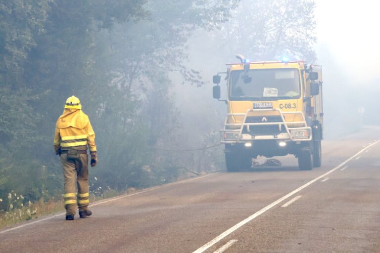 Conductor de autobomba forestal en una carretera durante un incendio