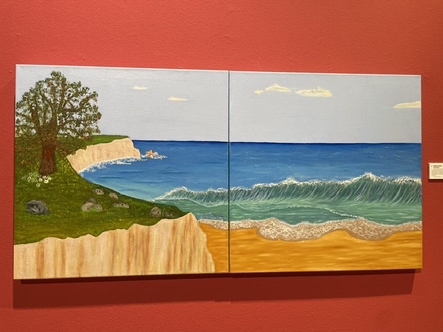 Pintura naíf de paisaje marino con árboles y olas