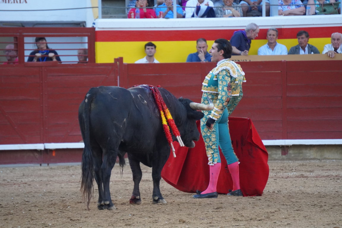 Torero con traje de luces frente a un toro en la plaza de toros.
