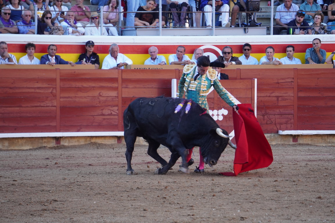 Torero realizando una faena con un toro en la plaza de toros