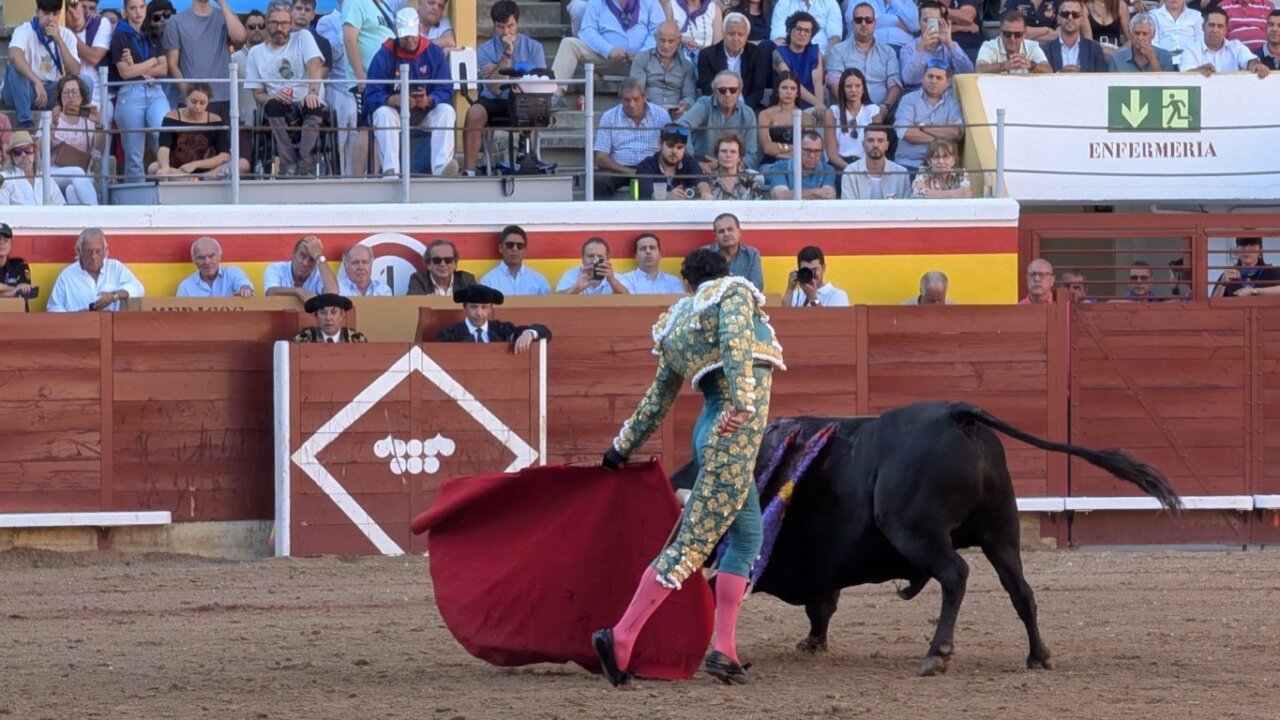 Torero realizando una faena con un toro en la plaza de toros.