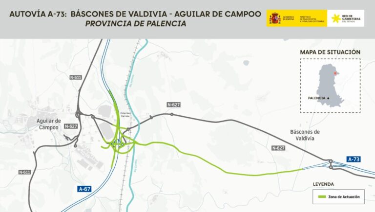 Mapa de la autovía A-73 entre Báscones de Valdivia y Aguilar de Campoo