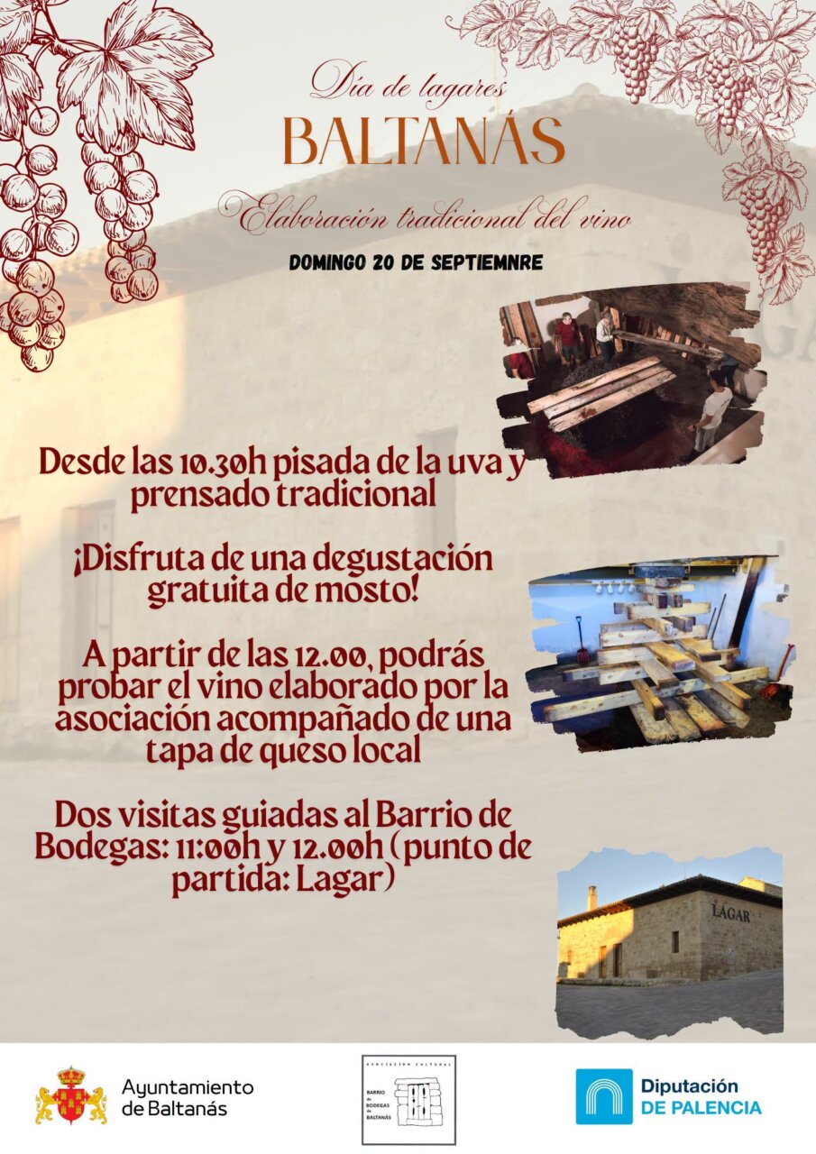 Cartel del Día de Lagares en Baltanás con actividades de vino