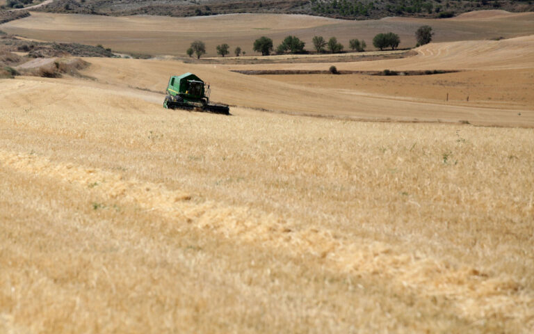 Tractor trabajando en un campo de cereal en Palencia