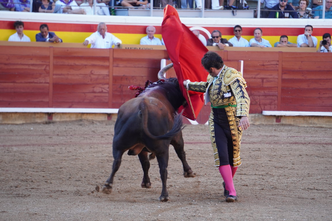 Torero Morante de la Puebla realizando una faena con un toro en la plaza de toros