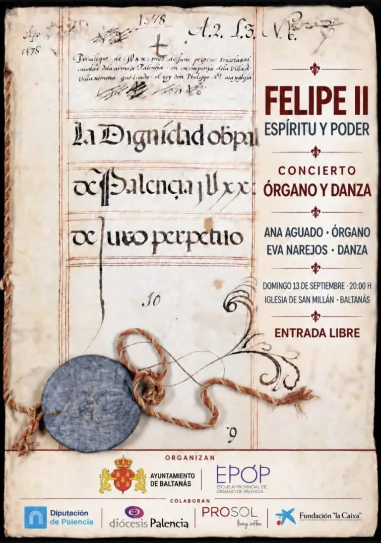 Cartel del concierto Felipe II con detalles de órgano y danza