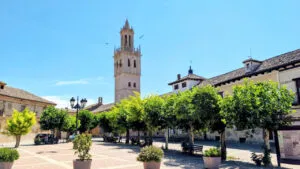 Plaza de Fuentes de Nava con árboles y torre de iglesia