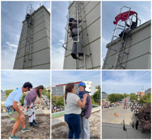Estudiante subiendo la torre del reloj en La Yutera