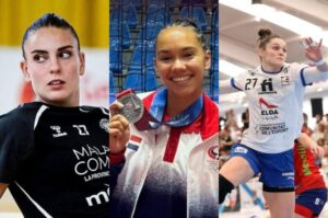 Tres jugadoras de balonmano en acción durante la Liga Guerreras