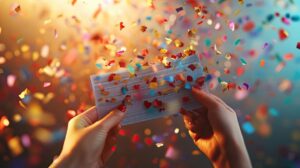Boleto de lotería con confeti de celebración en el aire