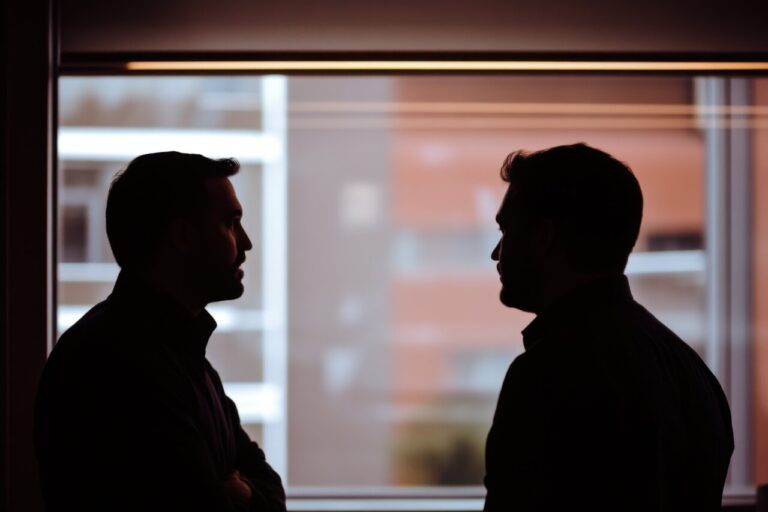 Silhouette de dos hombres conversando junto a una ventana en un entorno urbano.