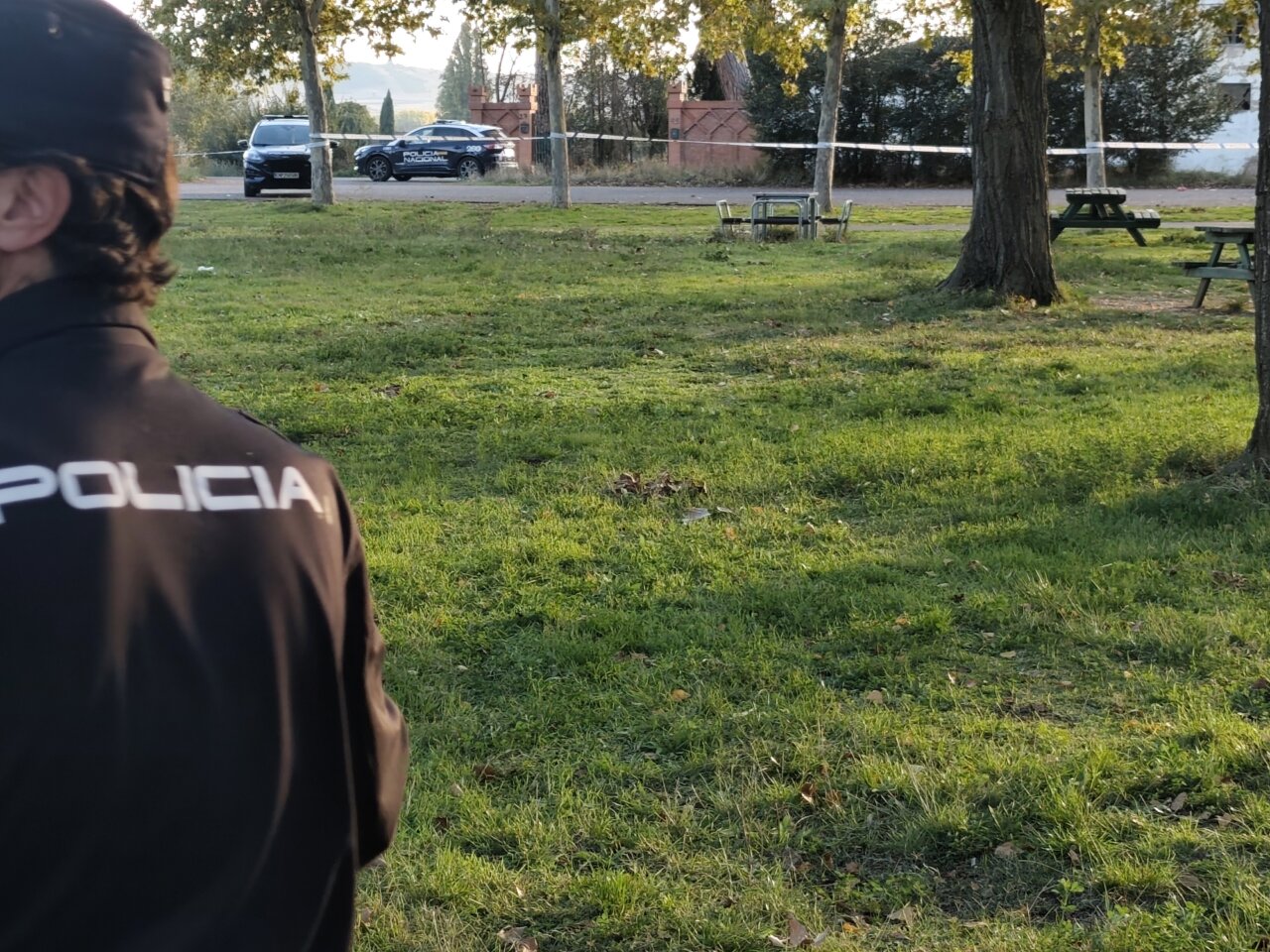 Un agente de policía observa un parque acordonado junto a un vehículo policial.