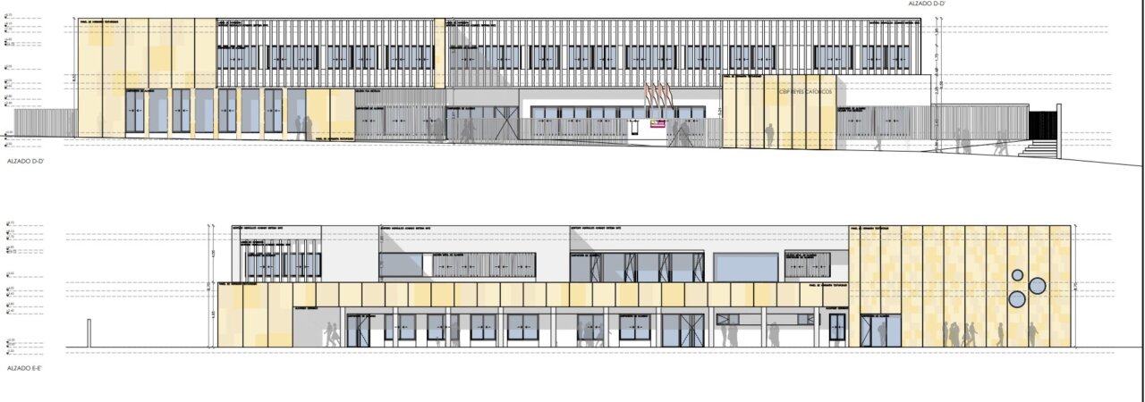 Dos alzados arquitectónicos muestran fachadas de un edificio escolar con ventanales y revestimiento amarillo.