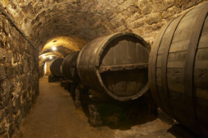 Interior de la bodega Remigio Salas con barricas de vino