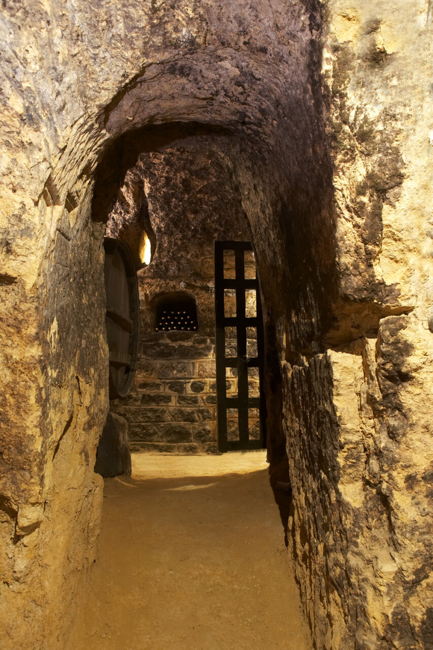 Interior de la bodega Remigio Salas con paredes de piedra y barricas