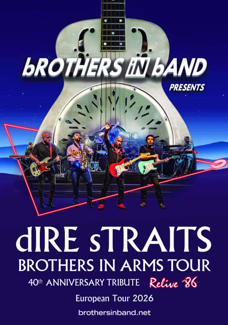 Cartel de bROTHERS IN BAND con músicos y guitarra para el tributo a Dire Straits
