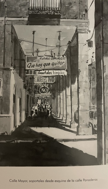 Dibujo en blanco y negro de la Calle Mayor en Palencia