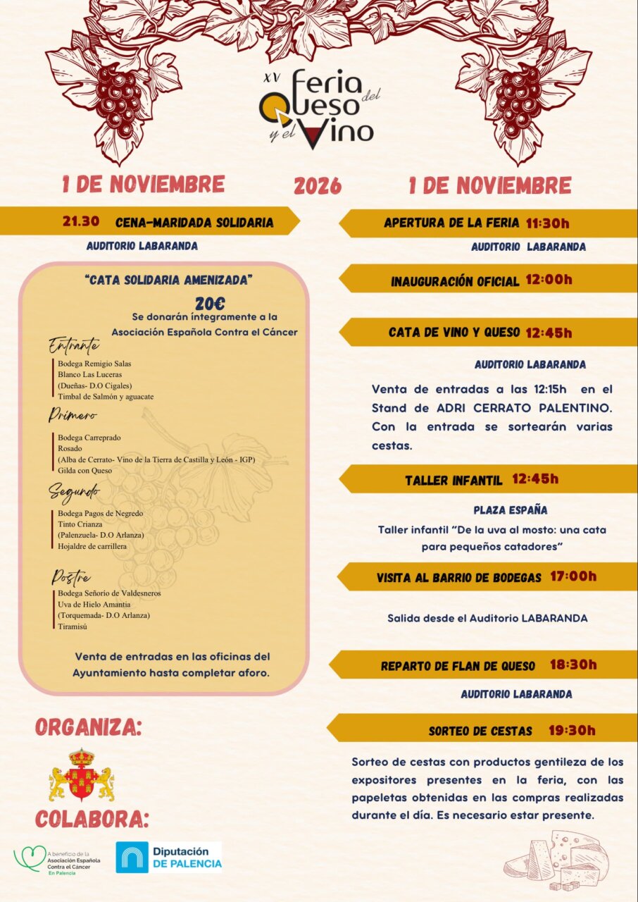 Cartel de la XV Feria del Queso y el Vino con programa del 1 de noviembre