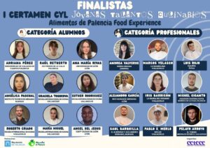 Cartel gráfico con retratos de finalistas del certamen culinario, separados por categorías de alumnos y profesionales