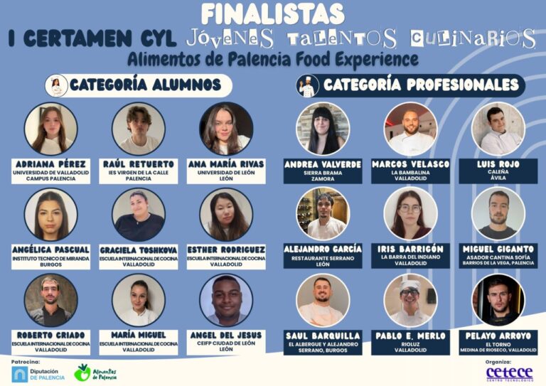 Cartel gráfico con retratos de finalistas del certamen culinario, separados por categorías de alumnos y profesionales