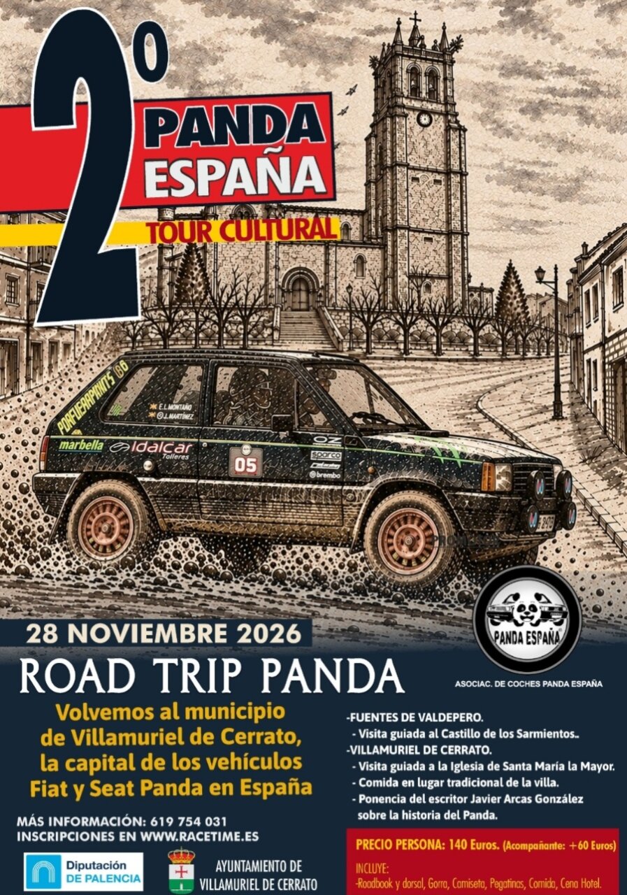 Cartel ilustrado del II Panda España Tour Cultural, con un coche Panda ante una iglesia.