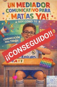 Cartel ilustrado con un niño sentado ante un pupitre y mensajes sobre mediación comunicativa.