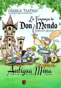Cartel ilustrado de La venganza de Don Mendo con personajes medievales caricaturescos.