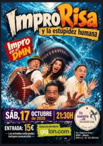 Cartel de ImproRisa con cuatro figuras y un tiburón bajo el agua.